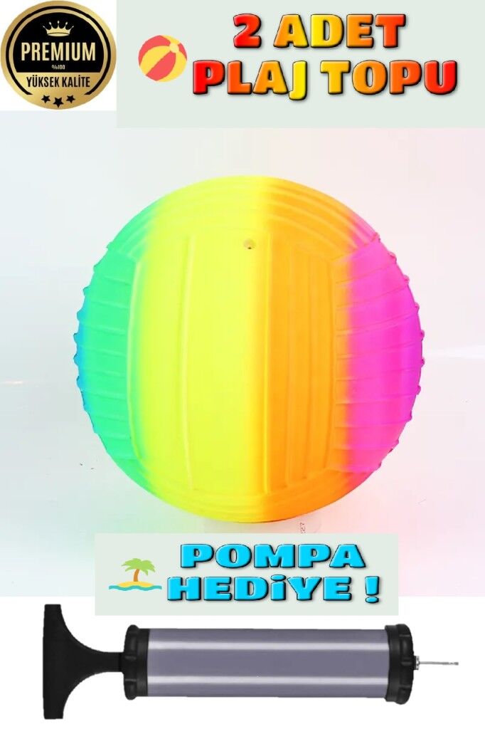 2 Adet Gökkuşağı Renkli Plaj Voleybol Topu Plastik Top + Pompa Hediyeli