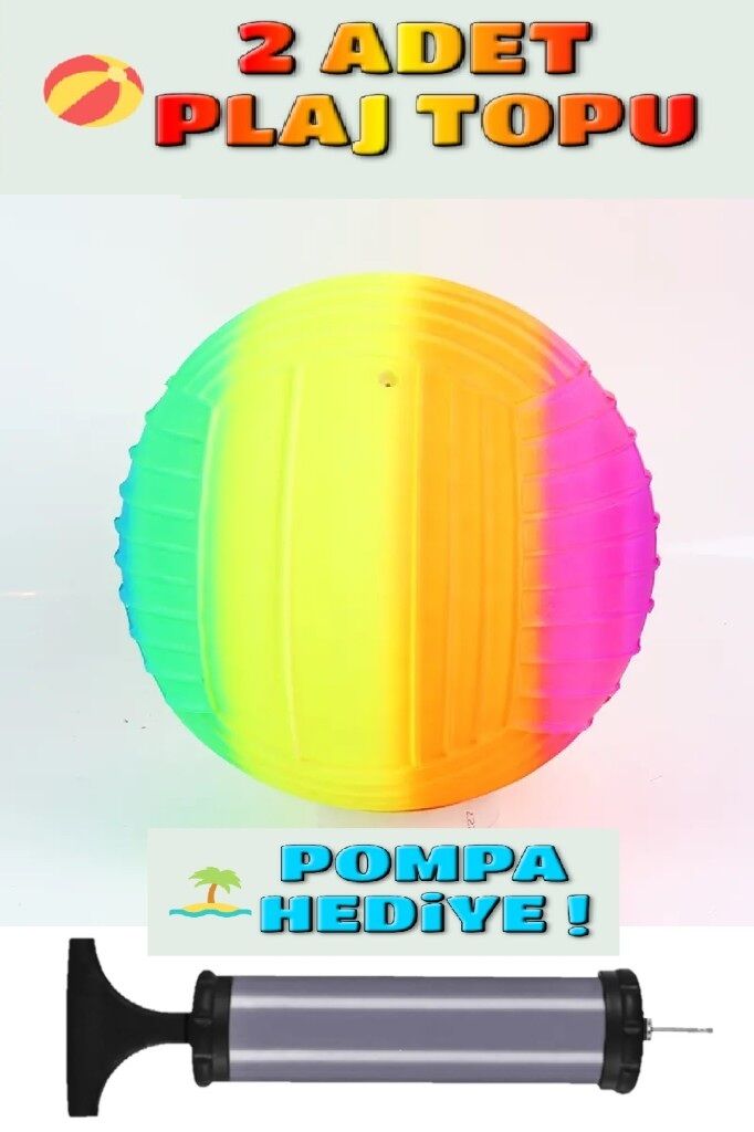 2 Adet Gökkuşağı Renkli Plaj Voleybol Topu Plastik Top + Pompa Hediyeli