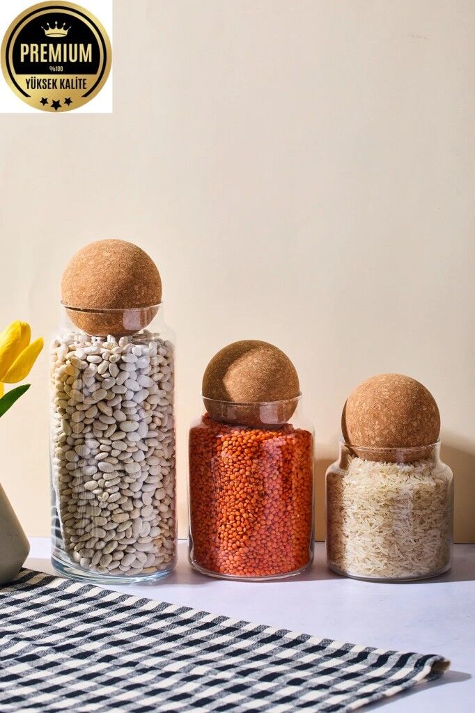 Peortti Sughero 3'lü Top Mantar Kapaklı Cam Kavanoz Ve Baharatlık Seti 053