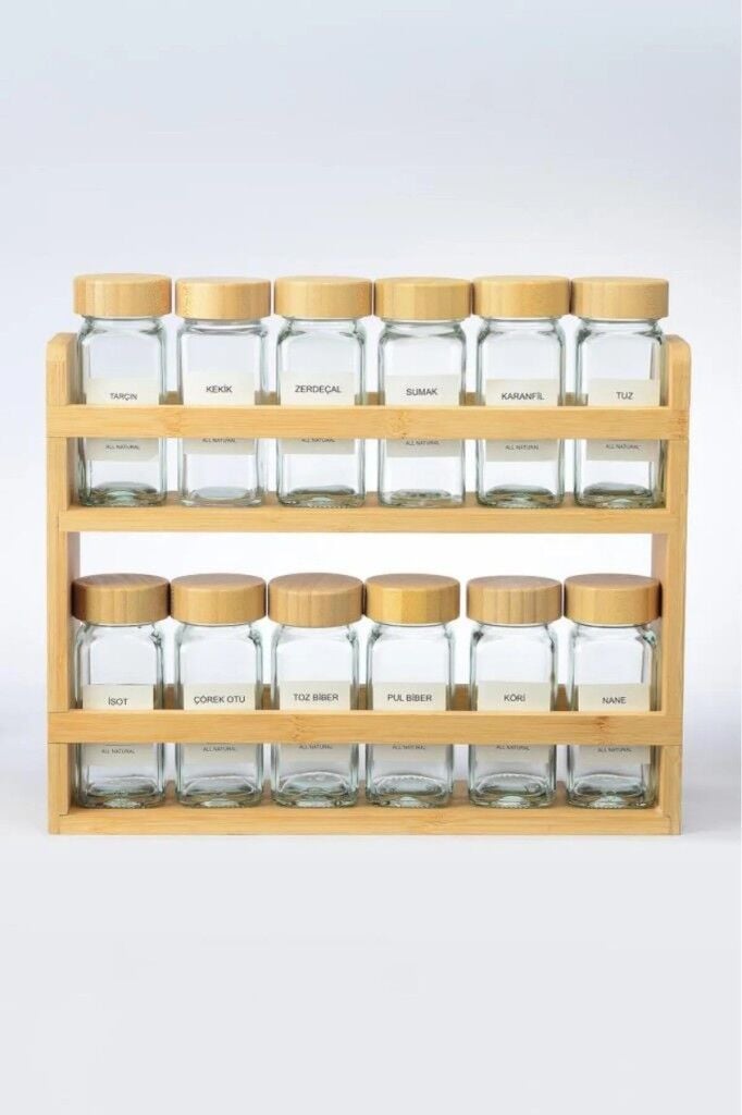 Pinterest Bambu Standlı Bambu Kapaklı 25 Parça Tezgah Üstü Baharatlık Etiketli
