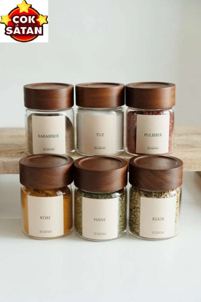 6'lı Akasya Kapaklı Cam Baharatlık Seti 200 ML 16 Adet Etiket Hediye M70911