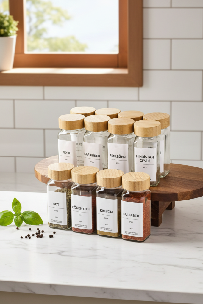 12’li Bambu Kapaklı Kare Cam Baharatlık Seti 120ml 16 Adet Etiket Hediye 9008