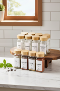 12’li Bambu Kapaklı Kare Cam Baharatlık Seti 120ml 16 Adet Etiket Hediye 9008