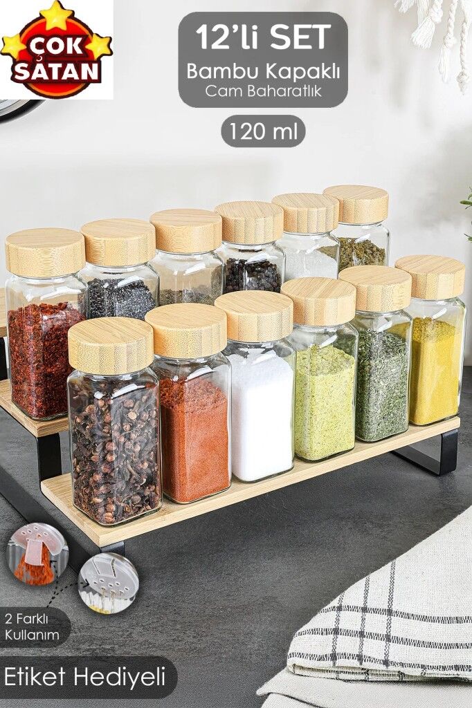 12’li Bambu Kapaklı Kare Cam Baharatlık Seti 120ml 16 Adet Etiket Hediye 9008