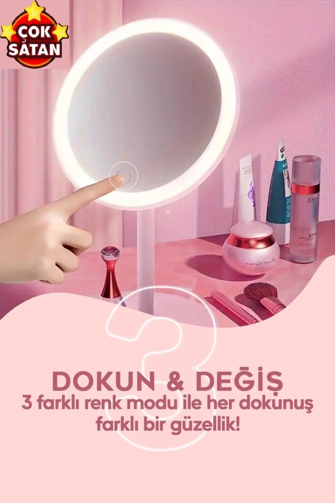 Işıklı Dokunmatik Makyaj Aynası Pembe & Beyaz 3 Kademeli Işık Ayarı 360° 10669