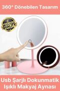 Işıklı Dokunmatik Makyaj Aynası Pembe & Beyaz 3 Kademeli Işık Ayarı 360° 10669