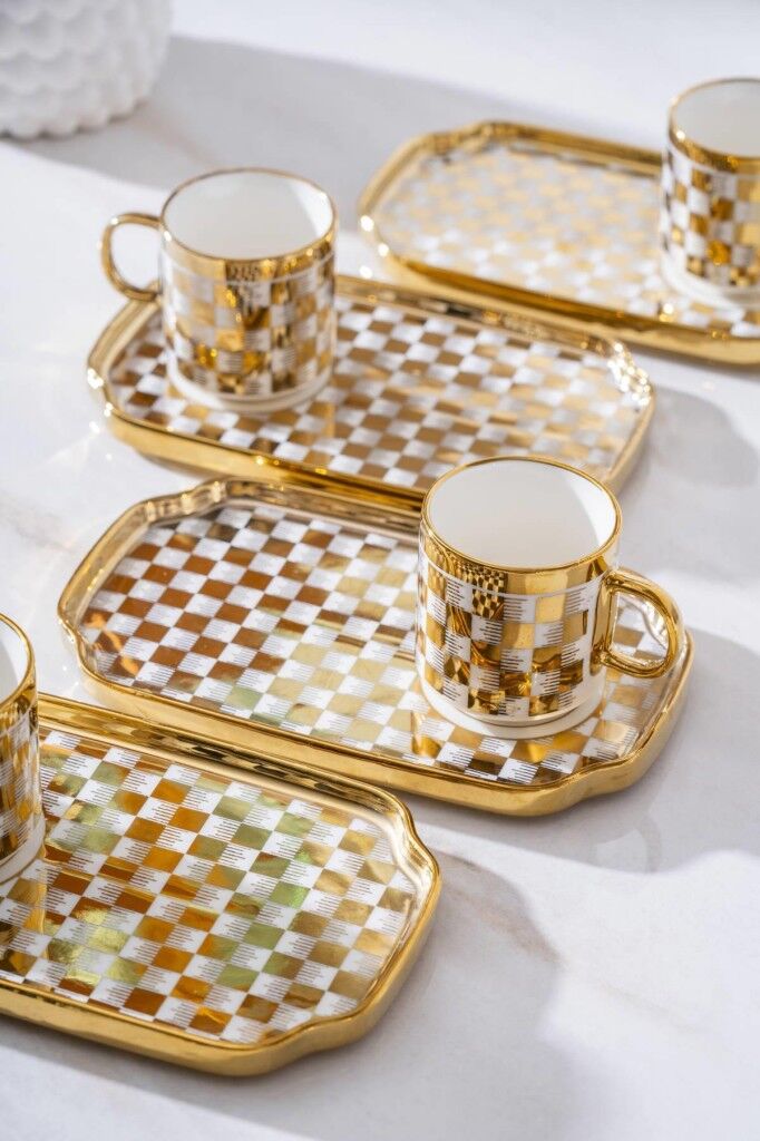 Acar Skye 6 Kişilik Porselen Kahve Fincanı Takımı Gold 6904