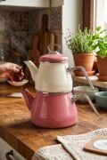 Bambum Lumino 7228 Metal Kulplu Emaye Çaydanlık Takımı Pembe