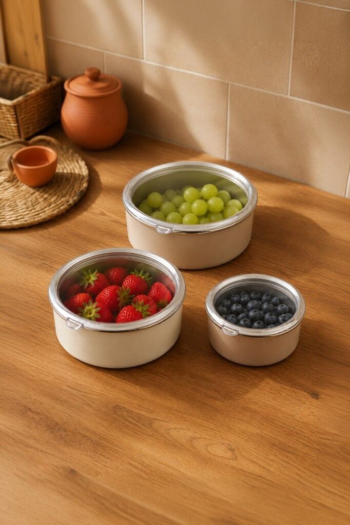 Bambum Lumino 3 lü Emaye Saklama Kabı Bej B7689 300+700+1000ML