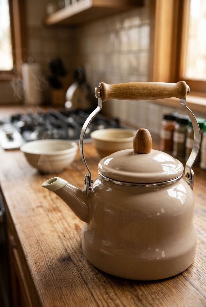 Vintage Ahşap Saplı Emaye Demlik Kettle 2,5Lt Güzgülü 7605-C