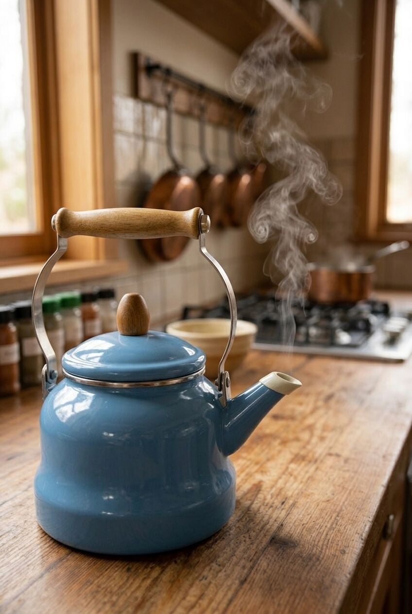 Vintage Ahşap Saplı Emaye Demlik Kettle 2,5Lt Mavi 6114-C