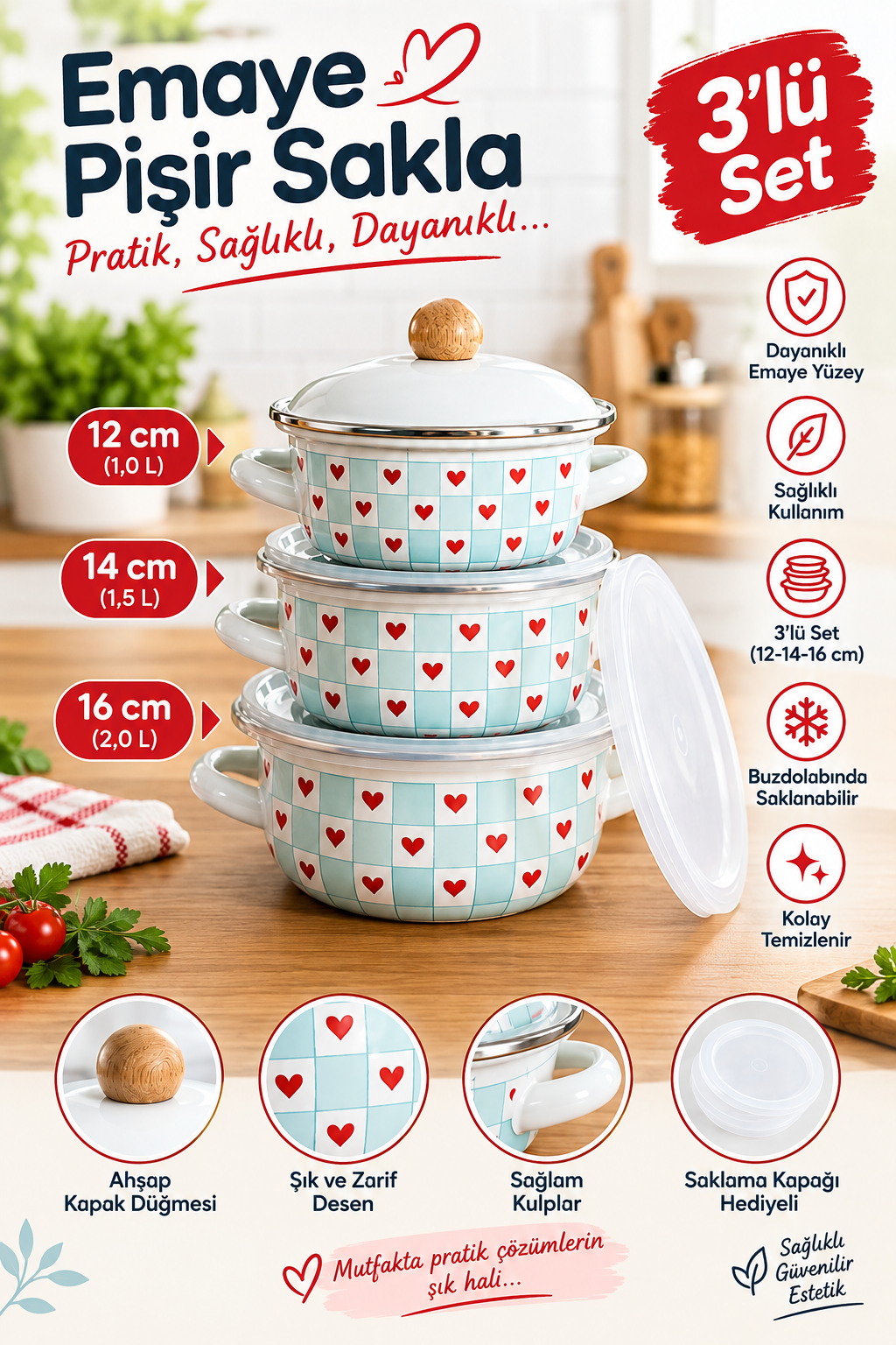Kalpli 3lü Pişir & Sakla Emaye Tencere Seti 12-14-16 cm Mavi ALV038