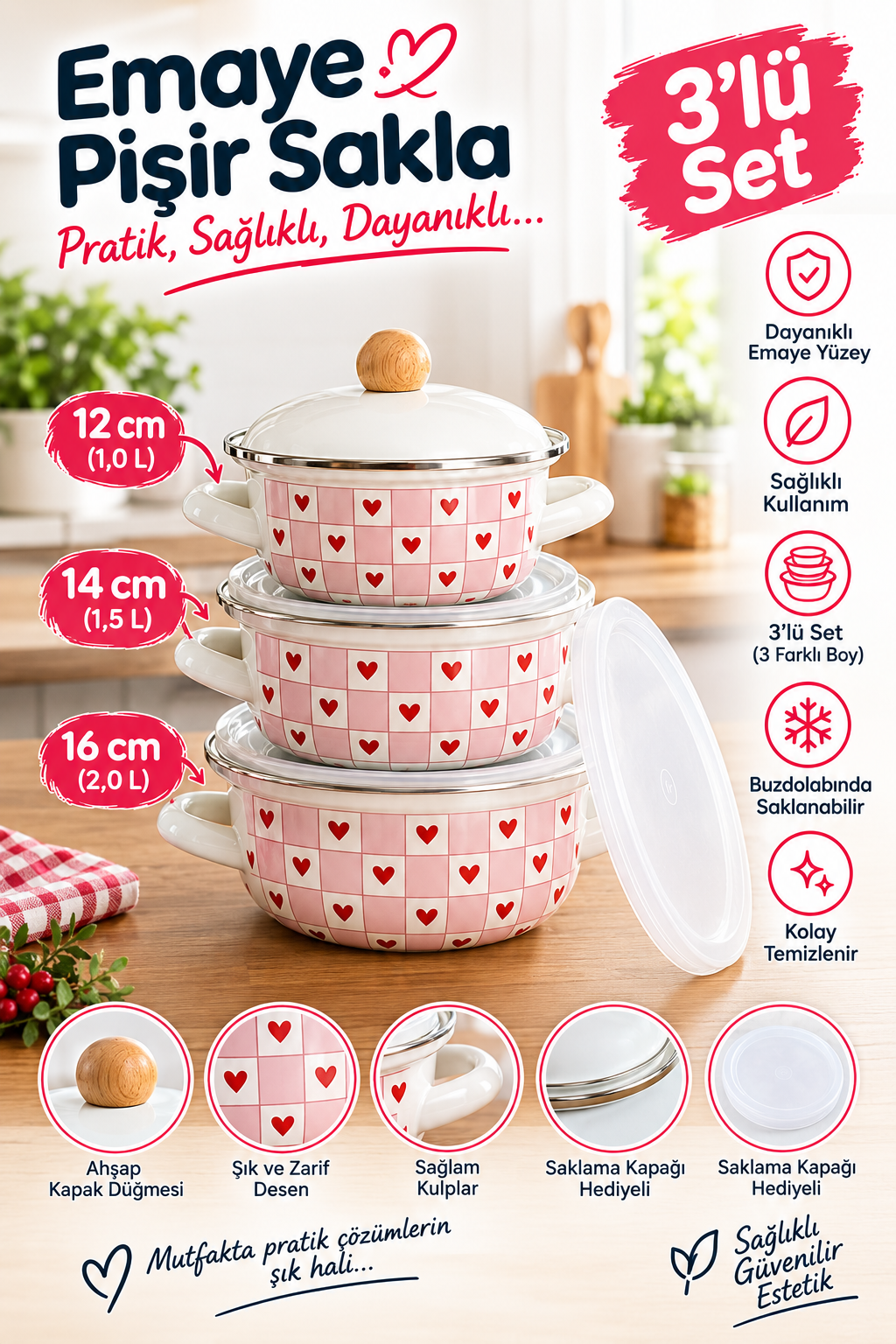 Kalpli 3lü Pişir & Sakla Emaye Tencere Seti 12-14-16 cm Pembe ALV038