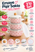 Kalpli 3lü Pişir & Sakla Emaye Tencere Seti 12-14-16 cm Pembe ALV038