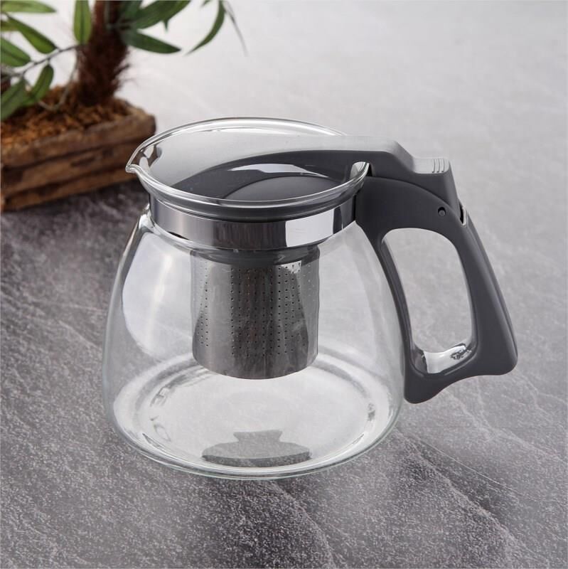 Siyah Isıya Dayanıklı Süzgeçli Cam Demlik 900ml THN80900