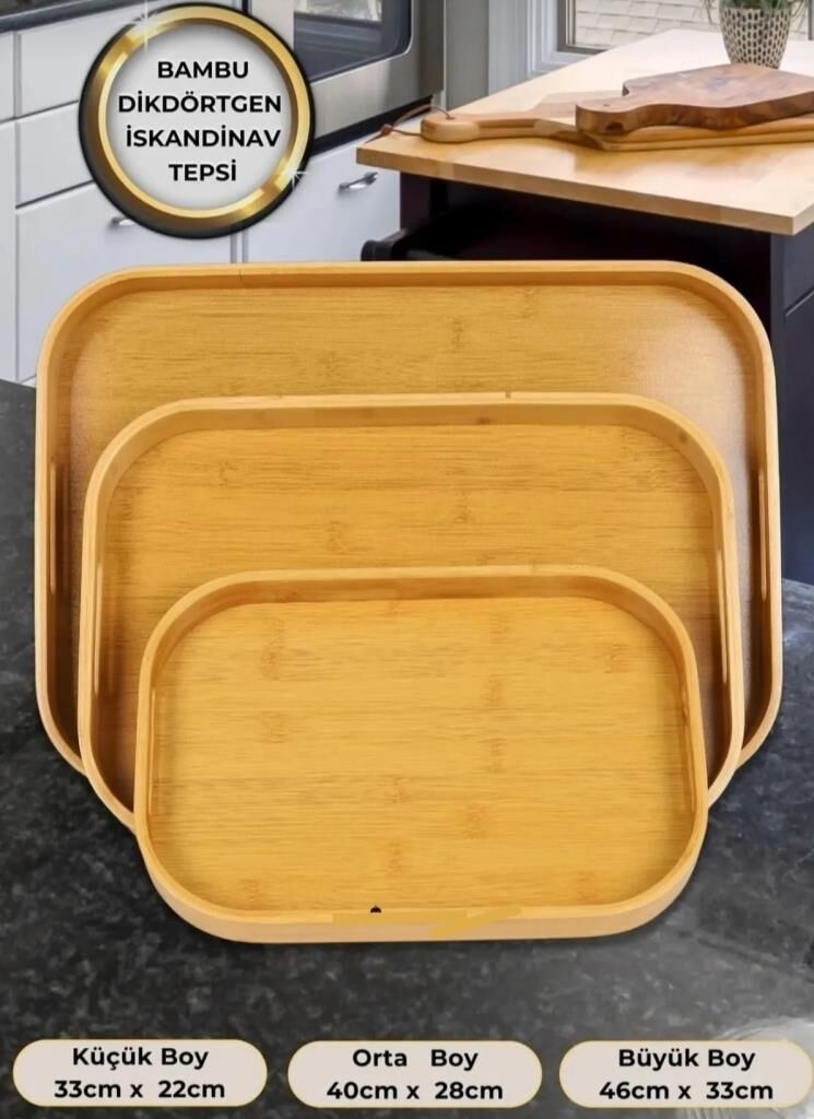 Kapris 3'lü Dİkdörtgen İskandinav Bambu Tepsi Kap-114