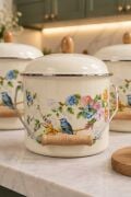 Kuş Desenli Emaye Bakraç Yoğurt Bakliyat Kabı Seti 24-26-28 cm 95411