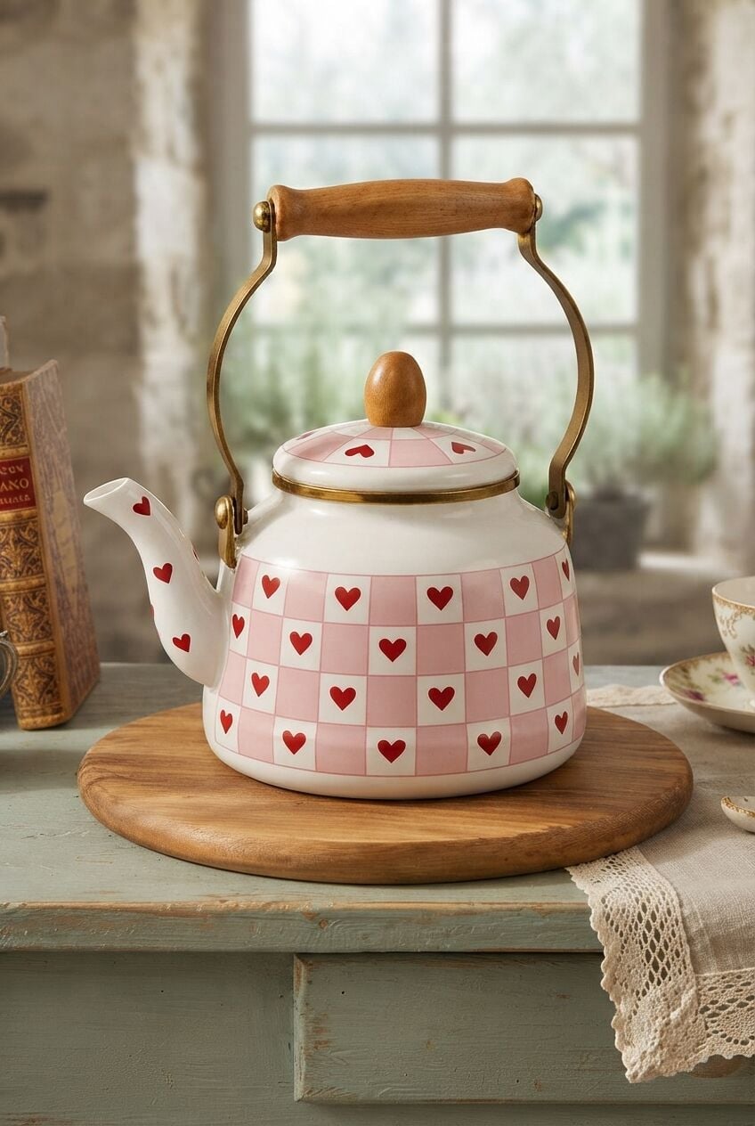 Ahşap Saplı Kampli Emaye Demlik Kettle 2,5 Lt Pembe ALV037