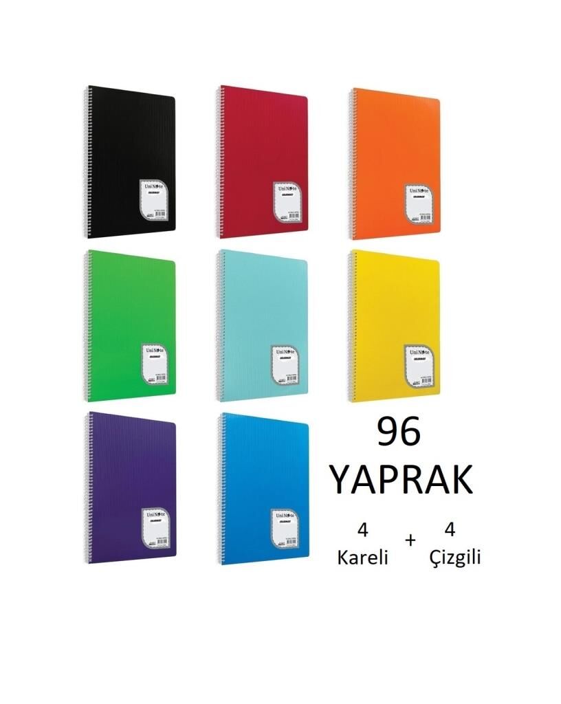 Colormaxi A4 PP Kapak Spralli 96 Yaprak Okul Defteri 8 Adet 4 Kareli + 4 Çizgili