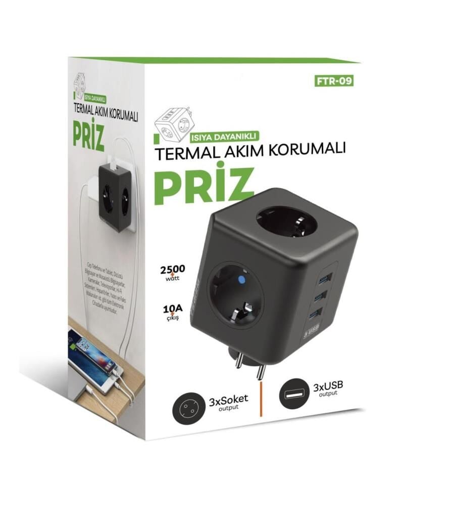 Blic Termal Akım Korumalı Isıya Dayanıklı Priz 3x Soket 2xUSB 1xType C FTR-09