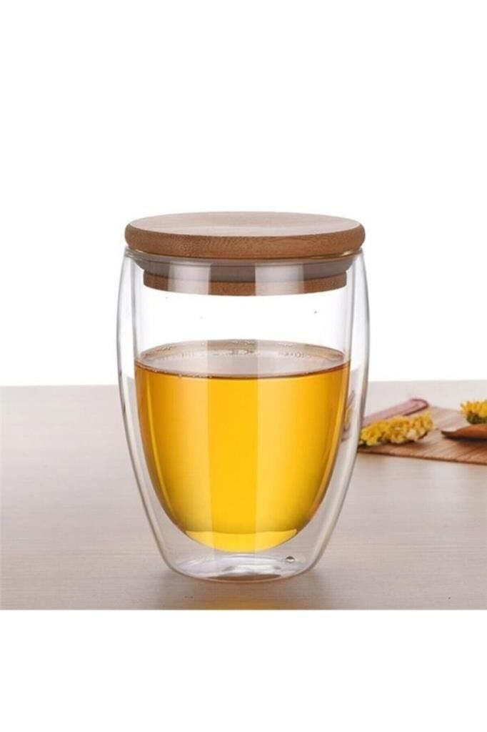 Perotti Çift Cidarlı Bambu Kapaklı Cam Bardak Kupa 350 ml 12462