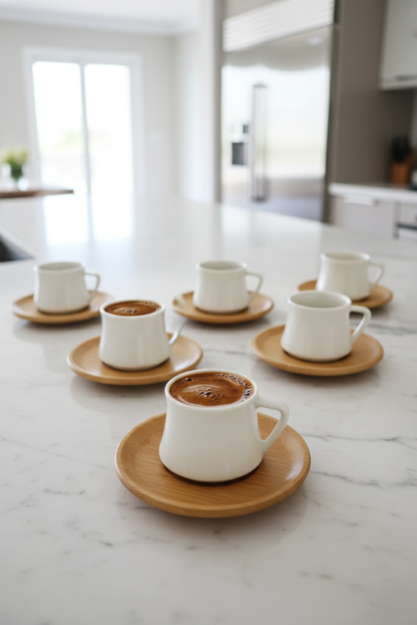 Kapris 18503 6 Lı Bambu Tabaklı Porselen Kahve Fincanı Takımı