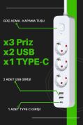 Fulltech Termal Akım Korumalı Uzatma Kablosu 3x Soket 1x TypeC 1.8M 3680W FTR-16