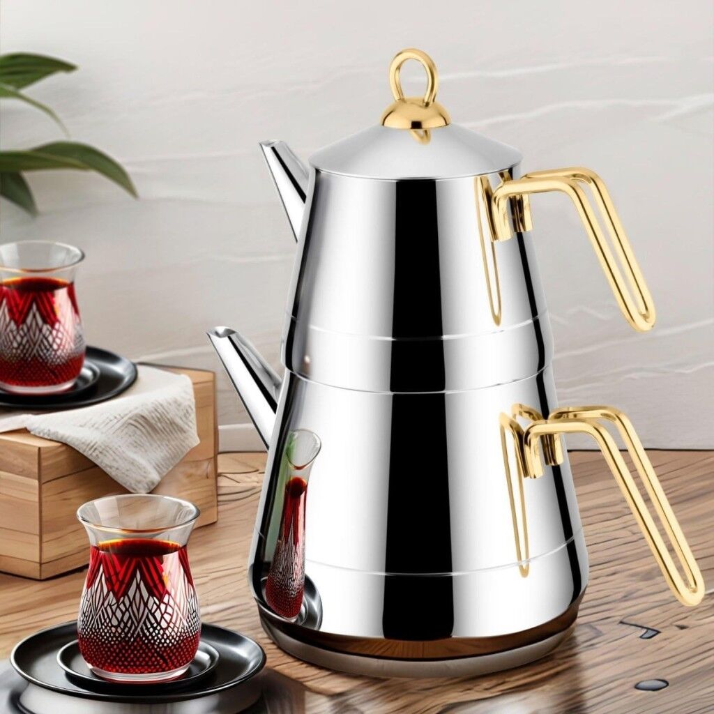 Lines Piramit Paslanmaz Çelik Çaydanlık Takımı Sülale Boy XXL Altın Kulp 3069