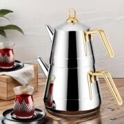 Lines Piramit Paslanmaz Çelik Çaydanlık Takımı Sülale Boy XXL Altın Kulp 3069