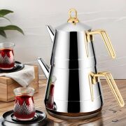 Lines Piramit Paslanmaz Çelik Çaydanlık Takımı Sülale Boy XXL Altın Kulp 3069