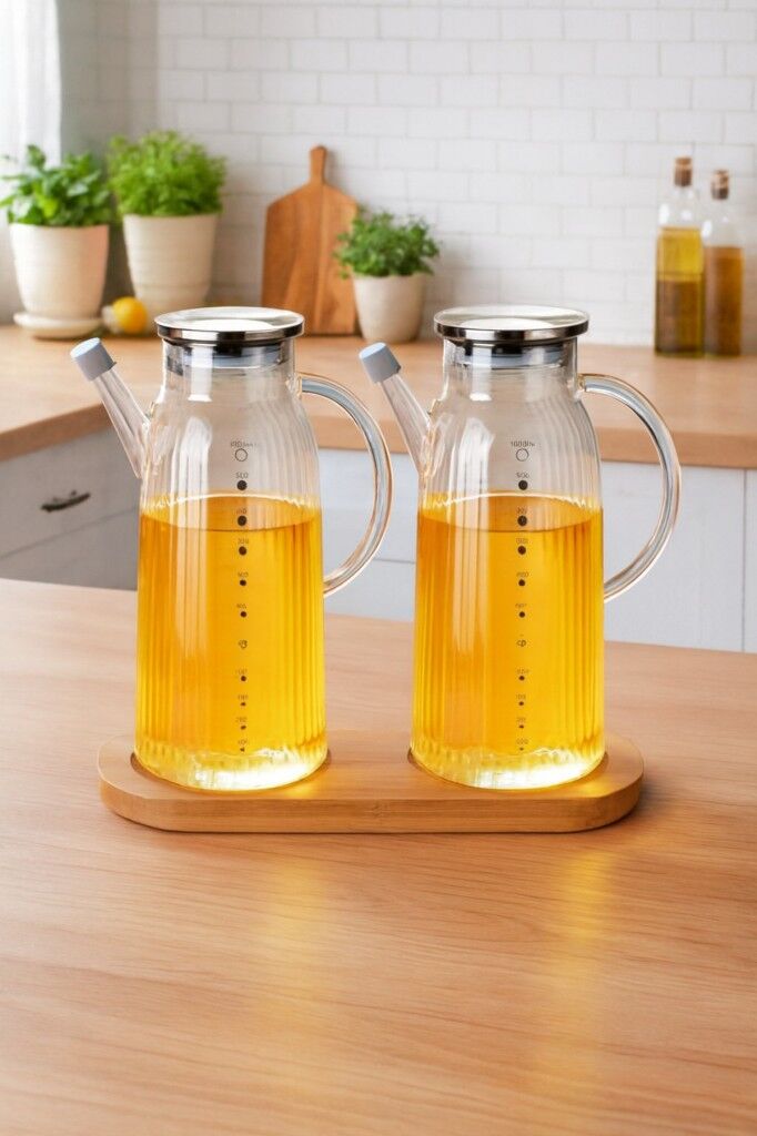 Kapris 2 Adet Bambu Standlı Metal Kapaklı Yağlık 1000 Ml GLA-03