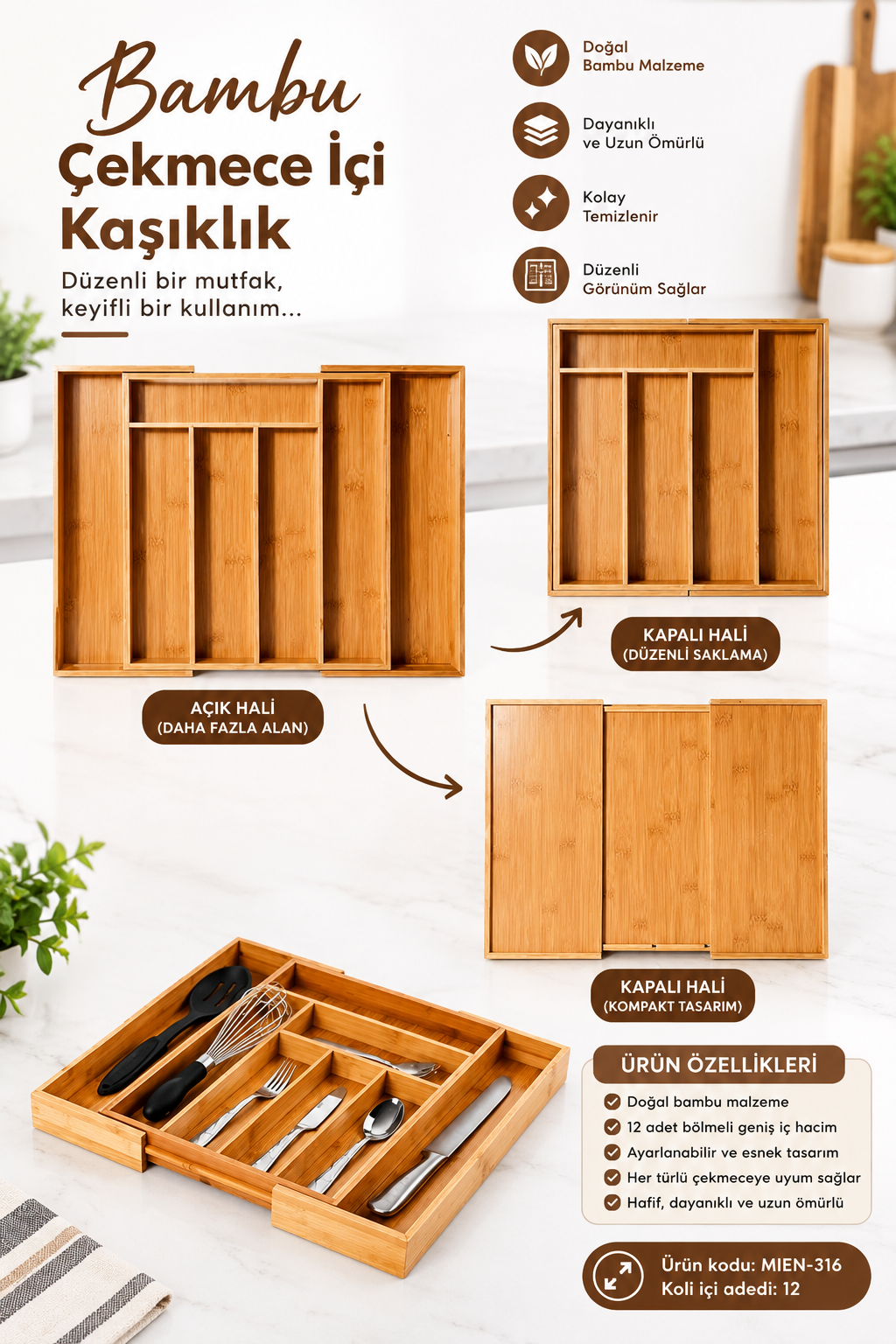 Kapris Bambu Ayarlanabilir Çekmece Içi Ölçü Ayarlı Kaşıklık 5-7 Bölmeli 8B81